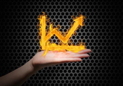 Hand with graph fire icon over. Iron wall background Stock Photos