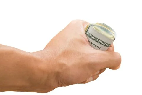 Hand grasp roll of dollar bills, isolated Stock Photos
