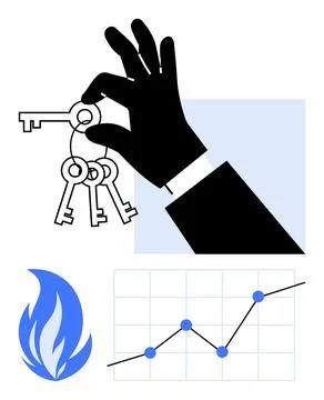 Hand grasping keys, flame icon representing risk or energy, and upward trendi イラスト素材