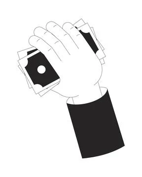 Hand grasping stack of cash black and white cartoon clipart Stock Illustration