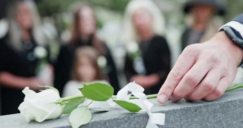 Hand, gravestone and white rose for funeral at cemetery, memorial service and Stock Footage 330911654