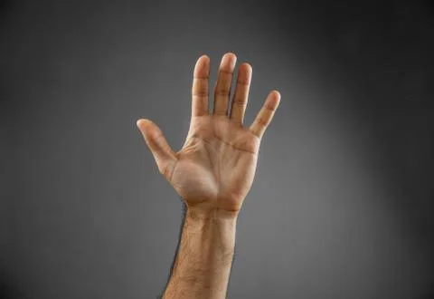 Hand on a gray background. open palm Stock Photos