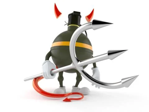 Hand grenade character with devil horns and pitchfork Stock Illustration
