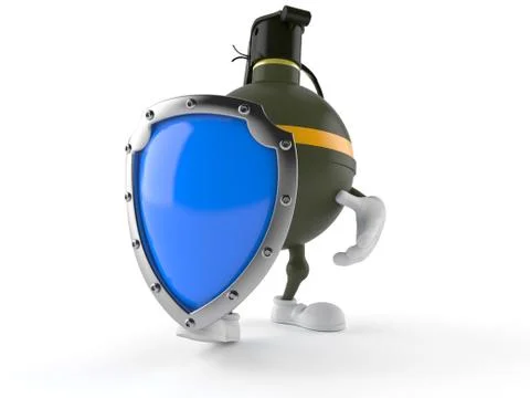 Hand grenade character with protective shield Illustrazione stock