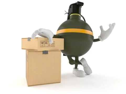 Hand grenade character with stack of boxes Illustrazione stock
