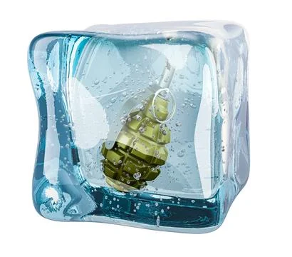 Hand grenade frozen in ice cube, 3D rendering Stock Illustration