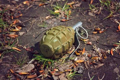 Hand grenade grenade lying on the ground Stock Photos