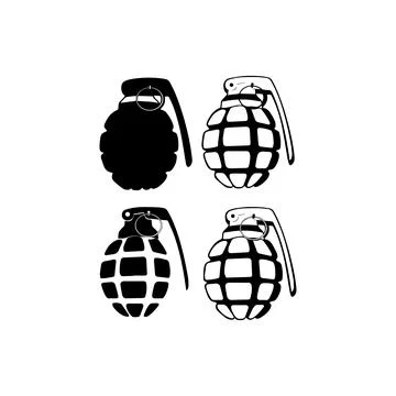 Hand Grenade Silhouettes in Various Styles. Vector icon. Stock Illustration