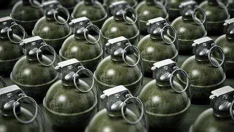 Hand grenades standing on dark background. 3D illustration Stock Illustration