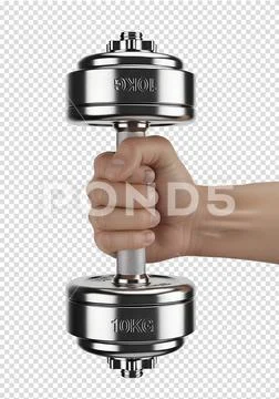Hand gripping shiny metallic dumbbell, isolated on transparent background Plantilla PSD