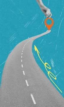 A hand grips a location marker while hovering over a long road that curves to Stock Photos