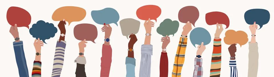 Hand up group of multicultural men and women holding speech bubble in hand. Talk Stock Illustration