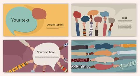 Hand group multicultural men and women holding speech bubble in hand. Template Stock Illustration