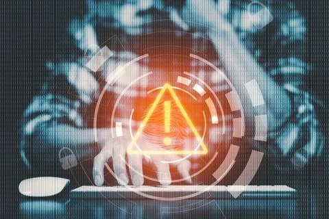 Hand Hacker touch laptop or smartphone and Touching in graph Screen code of a Stock Photos
