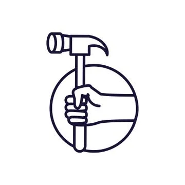 Hand with hammer tool in frame circular Illustration