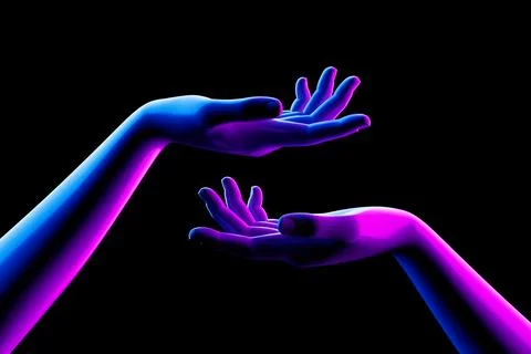Hand to Hand. Abstract Mannequin Open Hands in Neon Lights. 3d Rendering Ilustração Stock