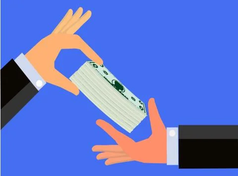 Hand handing a bundle of cash to the hand of another person Stock Illustration