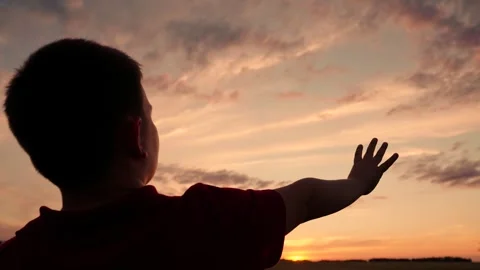 Hand happy boy at sunset. Kid stretches out hand to sky outdoors in nature Stock Footage 241913664
