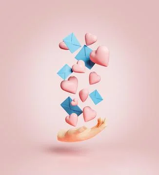 Hand with hearts and letters falling Stock Illustration