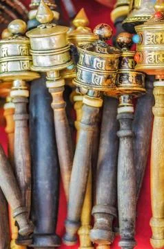 Hand held Buddhist prayer wheels, Kathmandu, Nepal Stock Photos