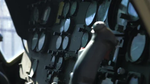 Hand-held of the cabin interior of a Bell helicopter, model UH-1H, Huey. Stock Footage 106101161