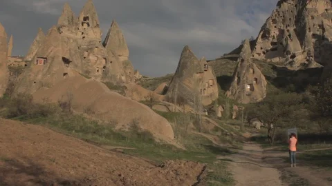 Hand held camera paning of Turkish country side, near Goreme in Cappadocia  Stock Footage 113300711