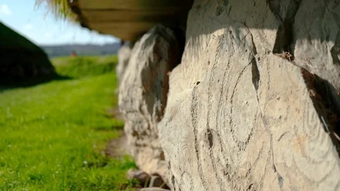 Hand held close shot of ancient engravings on Brú na Bóinne stone wall in Video stock 119486160