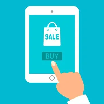 Hand held computer gadget. Online shopping. Flat style vector Stock Illustration