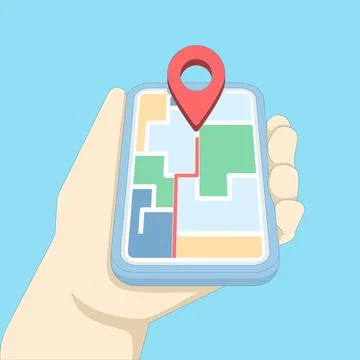 Hand-held smartphone illustration displaying GPS navigation map Stock Illustration