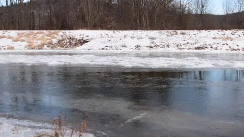 Hand held video of extreme cold wether frozen river Video stock 262379069
