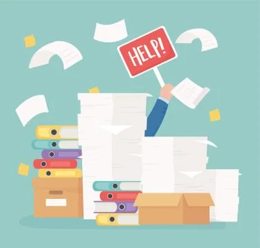 Hand with help and papers and boxes office work stress Illustrazione stock