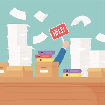Hand with help placard desk document paper office work frustration stress Illustrazione stock