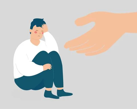 Hand helps man to get rid of stress or depression. Lonely needs support and help Stock Illustration