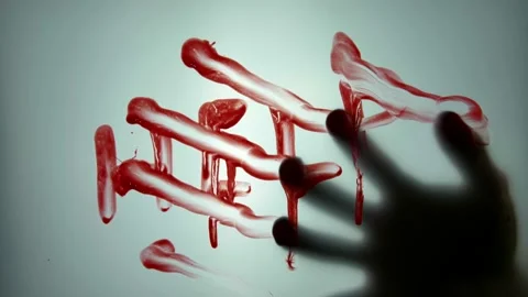 Hand Hitting Help Word Written with Blood on Translucent Glass Stock Footage 149025928