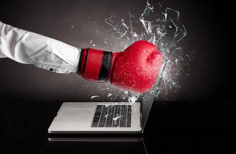 Hand hitting laptop screen screen 스톡 사진