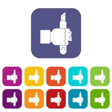 Hand hoding construction utility knife icons set Stock Illustration