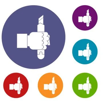 Hand hoding construction utility knife icons set Stock Illustration