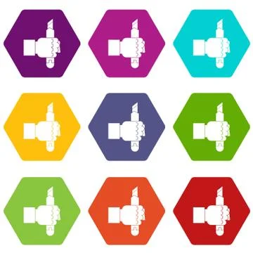 Hand hoding construction utility knife icon set color hexahedron Stock Illustration