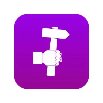 Hand hoding hammer with tool icon digital purple Stock Illustration