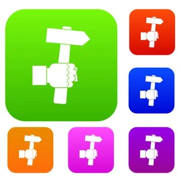 Hand hoding hammer with tool set color collection Stock Illustration