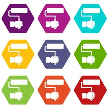 Hand hoding paint roller icon set color hexahedron Stock Illustration