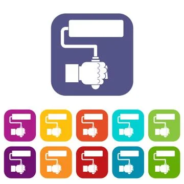 Hand hoding paint roller icons set flat Stock Illustration
