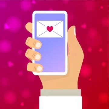 Hand hold app on smartphone.Concept for web banner for St. Valentine s Day. Stock Illustration
