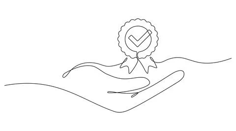 Hand hold award badge continuous line drawing. Stock Illustration