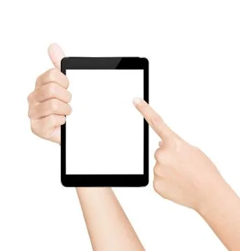 Hand hold black tablet screen isolated white with clipping path inside Stock Photos