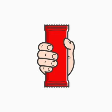 Hand hold blank plastic pouch food packaging. Illustrazione stock
