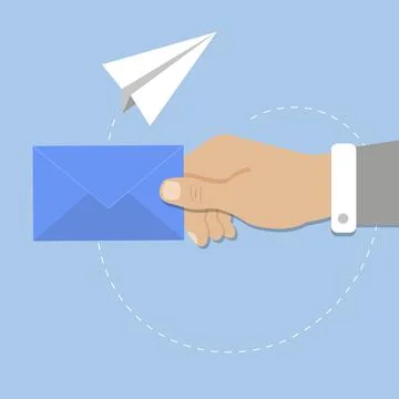 Hand hold blue postal envelope, flying paper plane Stock Illustration