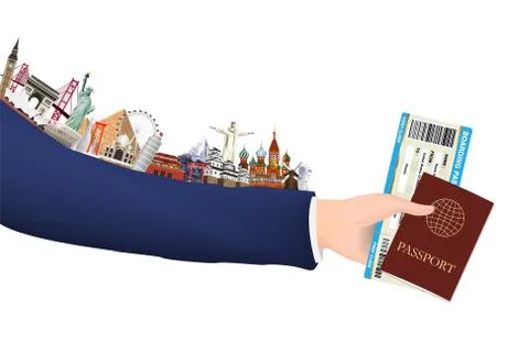 Hand hold boarding pass passport and landmark Stock Illustration