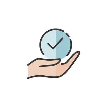 Hand hold check mark. Filled color icon. Commerce vector illustration Stock Illustration