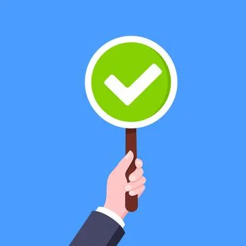 Hand hold check mark tick round banner plate business concept flat style design Illustrazione stock